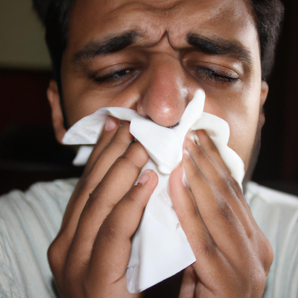 Person holding tissue, sneezing